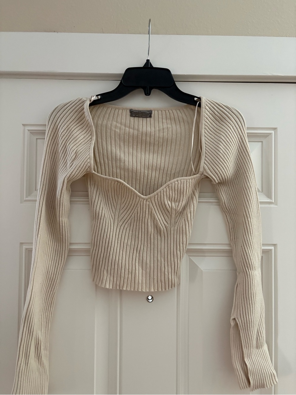 Ribbed Scoop-Neck Long Sleeve Top - Cream